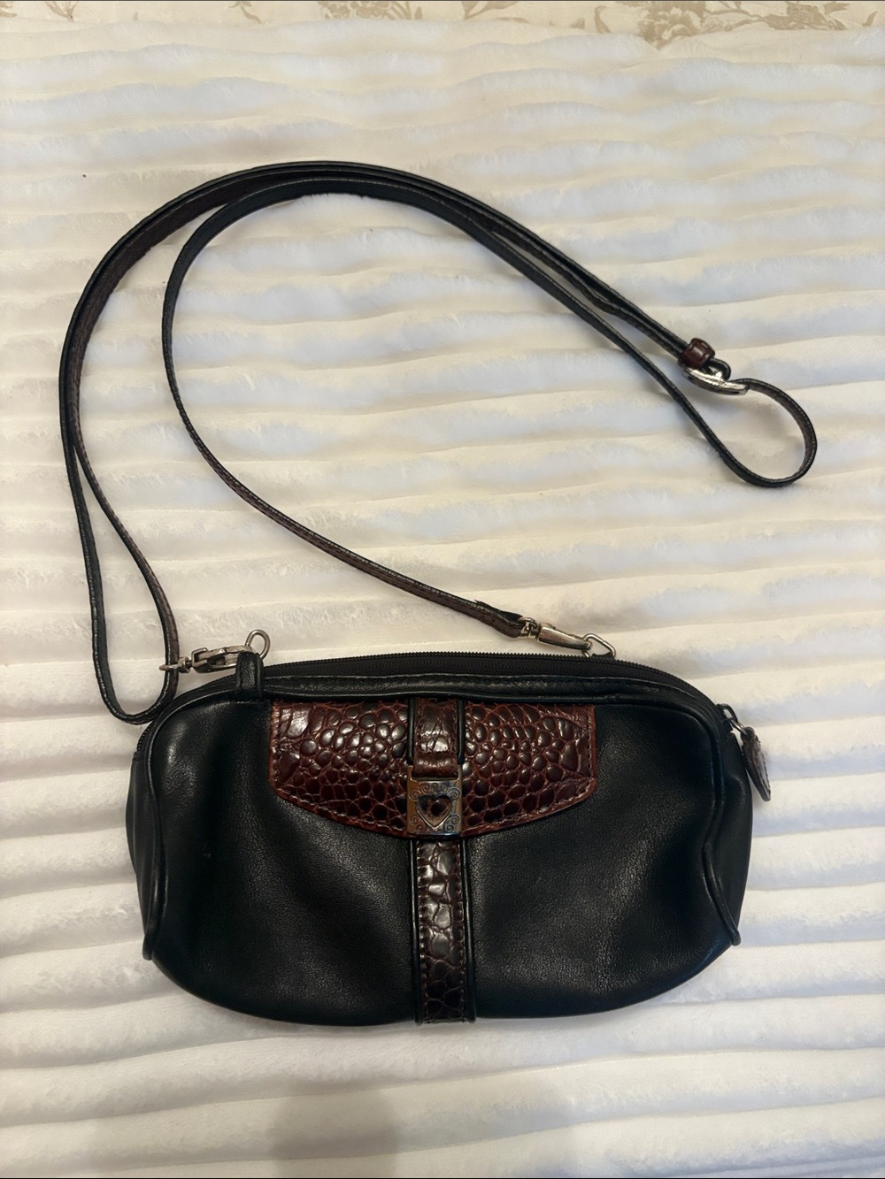 Brighton Black Leather Small  Crossbody Bag with Brown Croc Accent